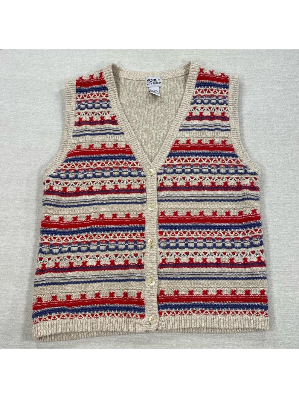 VTG Koret Knit Sweater Vest USA RWB red white blue beige knit texture button